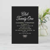 Invitation 21st Birthday Black White Pearl Script Bow (Debout devant)
