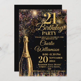 Invitation 21st Birthday Bubbly Fireworks Gold 
