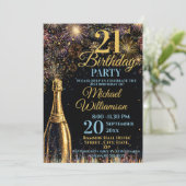 Invitation 21st Birthday Bubbly Fireworks Gold Blue (Debout devant)