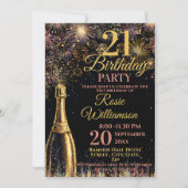 Invitation 21st Birthday Bubbly Fireworks Gold Pink (Devant)
