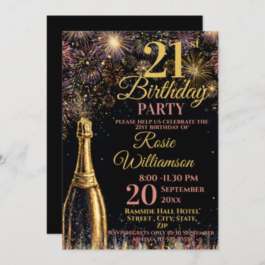 Invitation 21st Birthday Bubbly Fireworks Gold Pink (Devant / Derrière)