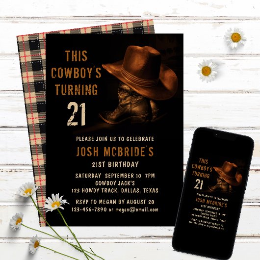 Invitation 21st Birthday Rustic Cowboy Hat and Leather Boots