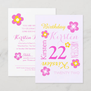 Invitation 22e anniversaire fleur graphique jaune rose surpri