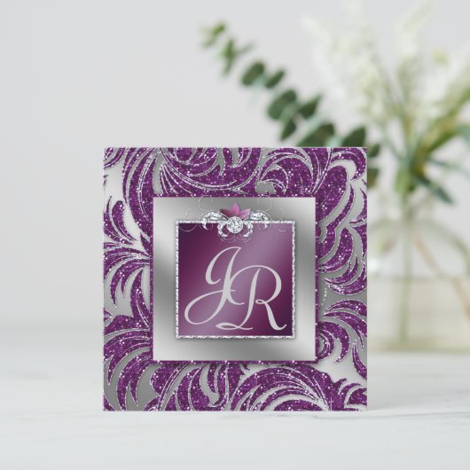 Invitation 232 Élégant Mariage Feuille Floral Violet Pailleté (Debout devant)