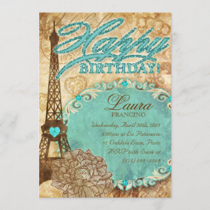 Invitation 232 Sweet 16 Paris Tour Eiffel Blu aux fleurs Vint