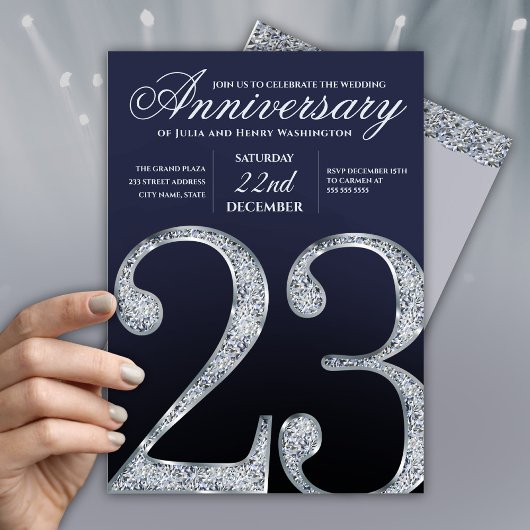 Invitation 23e Anniversaire Diamant Argent Bleu Foncé Ans