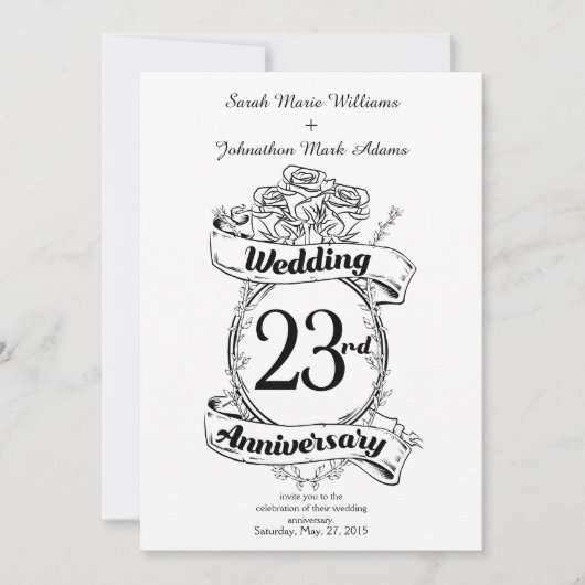 Invitation 23e Mariage Anniversaire Fleurs Rose (Devant)