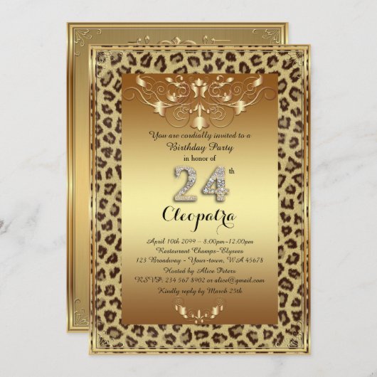 Invitation 24, fête d'anniversaire 24, or Royal Cheetah plus (Devant / Derrière)