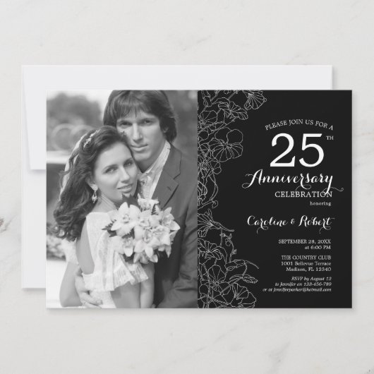 Invitation 25e anniversaire avec photo - Floral noir et blanc (Devant)