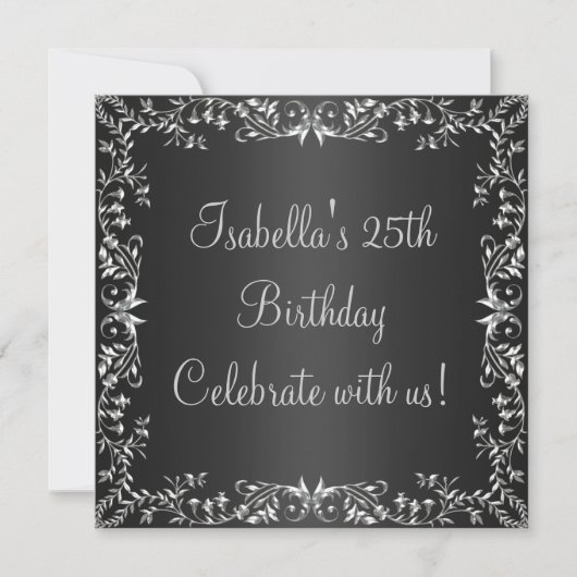 Invitation 25e anniversaire Black & Silver Floral Metal (Devant)