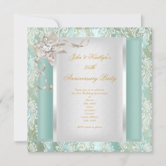 Invitation 25e Anniversaire Damask Vert Bleu Clair Argenté Bl (Devant)