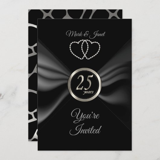 Invitation 25e Anniversaire d'Argent avec Ruban Noir (Devant / Derrière)