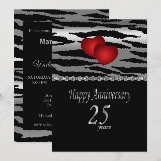 Invitation 25e anniversaire d'argent - Motif zèbre - Amour (Devant / Derrière)