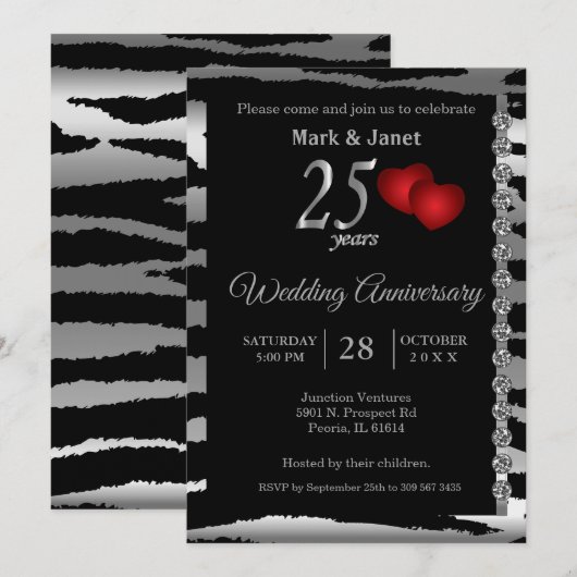 Invitation 25e anniversaire d'argent - Motif zèbre - Amour (Devant / Derrière)