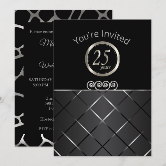 Invitation 25e Anniversaire d'Argent sur Noir (Devant / Derrière)