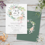 Invitation 25e anniversaire de l'argent Floral Roses Garland<br><div class="desc">Doté d'une délicate guirlande florale d'aquarelle,  cette invitation à l'anniversaire du 25e mariage botanique chic peut être personnalisée avec vos informations spéciales d'anniversaire d'argent. Au verso,  une guirlande fleurie assortie encadre vos dates d'anniversaire dans un élégant texte argenté sur un arrière - plan vert boisé. Conçu par Thisisnotme©</div>