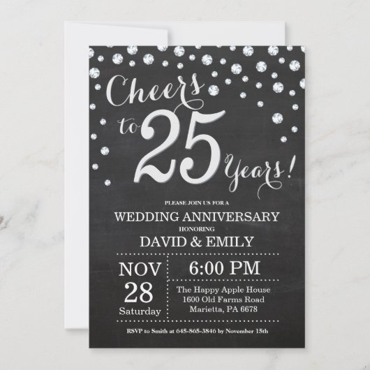 Invitation 25e Anniversaire de Mariage Ardoise Noir Argent (Devant)