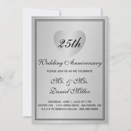 Invitation 25e Anniversaire de Mariage Argent Glamour Cœur (Devant)