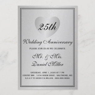 Invitation 25e Anniversaire de Mariage Argent Glamour Cœur