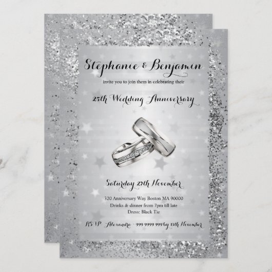 Invitation 25e Anniversaire de Mariage Argent Glitter Élégant (Devant / Derrière)