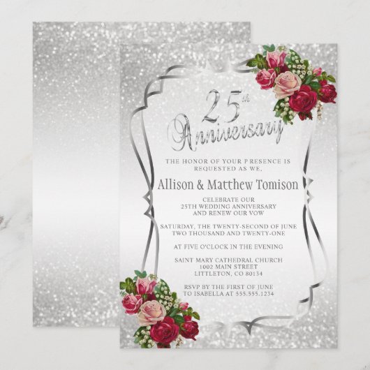 Invitation 25e anniversaire de mariage argenté pailleté | tex (Devant / Derrière)
