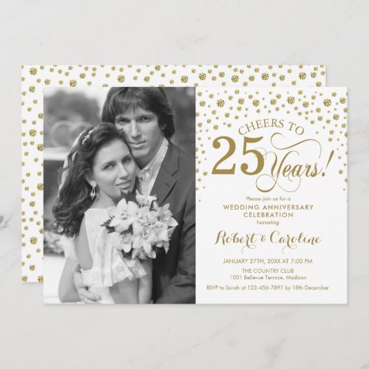 Invitation 25e anniversaire de mariage avec photo - Or Blanc (Devant / Derrière)