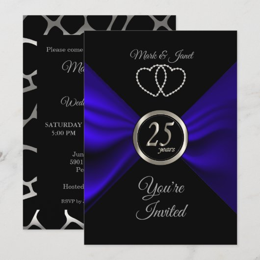 Invitation 25e Anniversaire de Mariage avec Satin Bleu (Devant / Derrière)