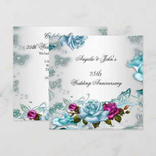 Invitation 25e Anniversaire de Mariage Bleu Floral Rose