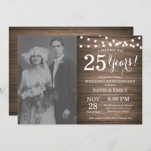 Invitation 25e Anniversaire de Mariage Bois Rustique (Devant / Derrière)
