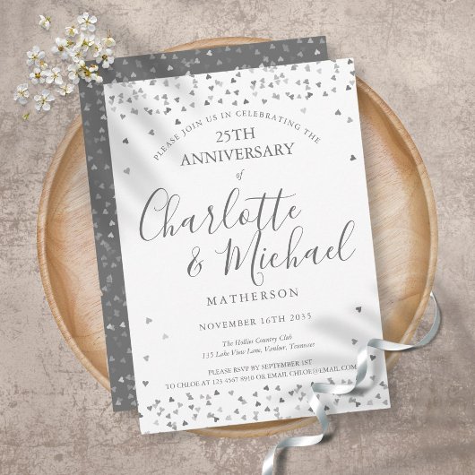 Invitation 25e Anniversaire de Mariage Coeurs d'Amour Argent