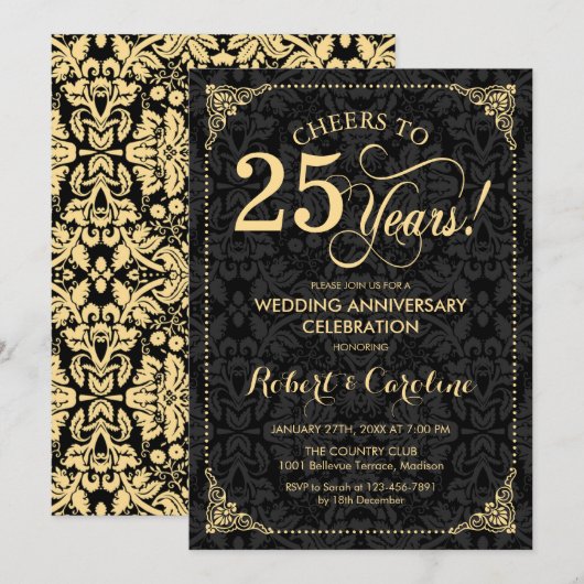 Invitation 25e anniversaire de mariage - Damier noir or (Devant / Derrière)