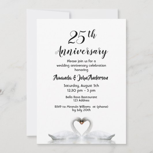 Invitation 25e anniversaire de mariage deux cygnes amoureux b (Devant)