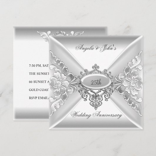 Invitation 25e Anniversaire de Mariage Élégant Argenté Blanc (Devant / Derrière)
