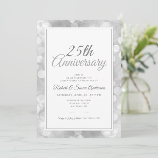 Invitation 25e anniversaire de mariage | Élégant Bokeh argent (Debout devant)