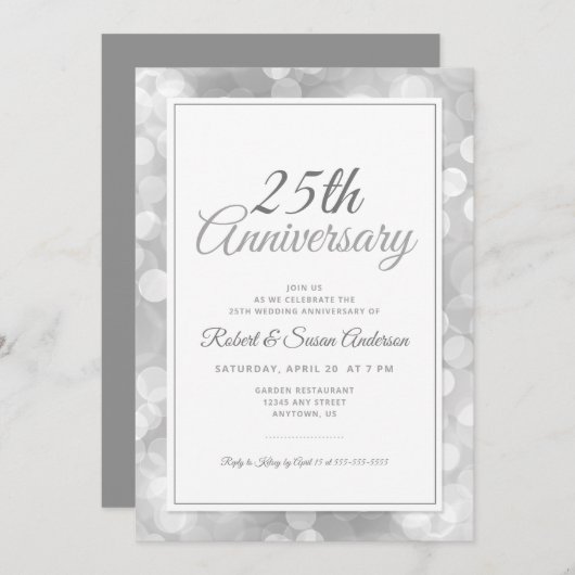 Invitation 25e anniversaire de mariage | Élégant Bokeh argent (Devant / Derrière)