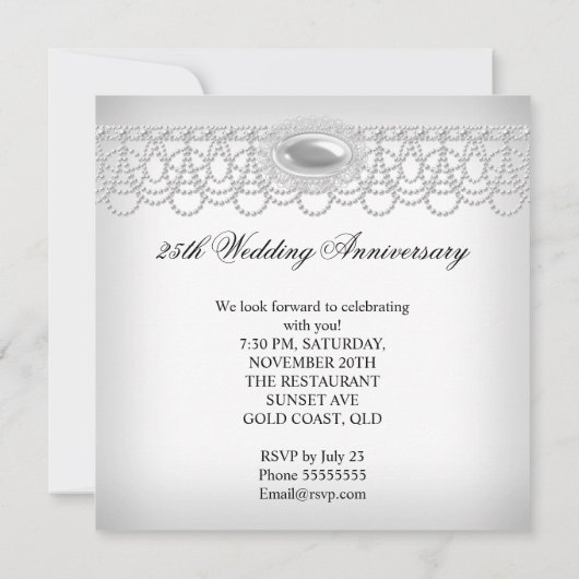 Invitation 25e anniversaire de mariage élégant perle blanc (Dos)