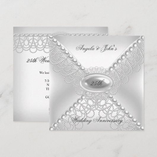 Invitation 25e Anniversaire de Mariage Élégant Perle Blanche (Devant / Derrière)