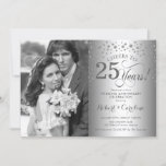 Invitation 25e anniversaire de Mariage en argent avec photo<br><div class="desc">Invitation au 25e anniversaire du Mariage avec photo. Design élégant en argent avec police de script et confetti de diamants. Peut être customisé à montrer n'importe quelle année de mariage. Salut à 25 ans !</div>