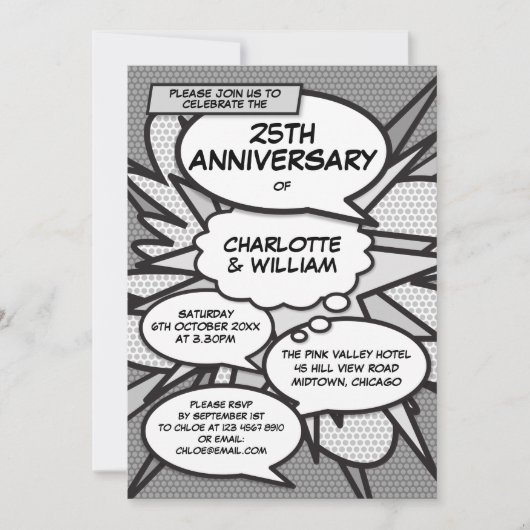 Invitation 25e Anniversaire de Mariage en Bande Dessinée Pop  (Devant)