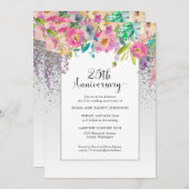 Invitation 25e Anniversaire de Mariage Fleur Argent Rose (Devant / Derrière)