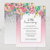 Invitation 25e Anniversaire de Mariage Fleuriste Argent Rose (Devant / Derrière)