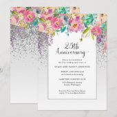 Invitation 25e anniversaire de mariage Fleurs roses argentées (Devant / Derrière)