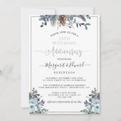Invitation 25e anniversaire de mariage, floral argent et bleu (Devant)