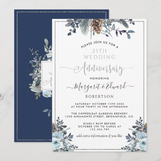 Invitation 25e anniversaire de mariage, floral argent et bleu (Devant / Derrière)