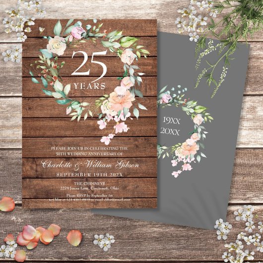 Invitation 25e Anniversaire de Mariage Floral Bois Rustique