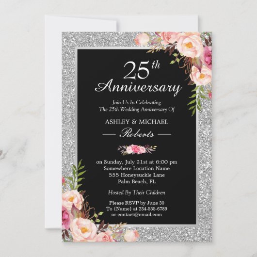 Invitation 25e anniversaire de mariage floral élégant (Devant)