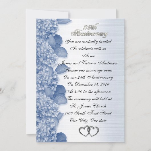 Invitation 25e anniversaire de mariage Hydrangea bleue (Devant)