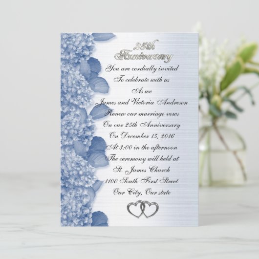 Invitation 25e anniversaire de mariage Hydrangea bleue (Debout devant)