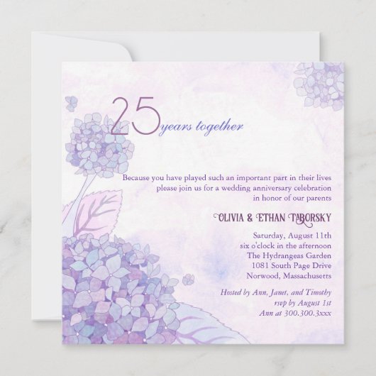 Invitation 25e anniversaire de mariage noces d'argent Hydrang (Devant)