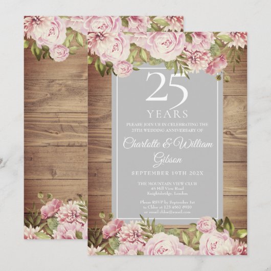Invitation 25e anniversaire de mariage Noces d'argent Roses r (Devant / Derrière)